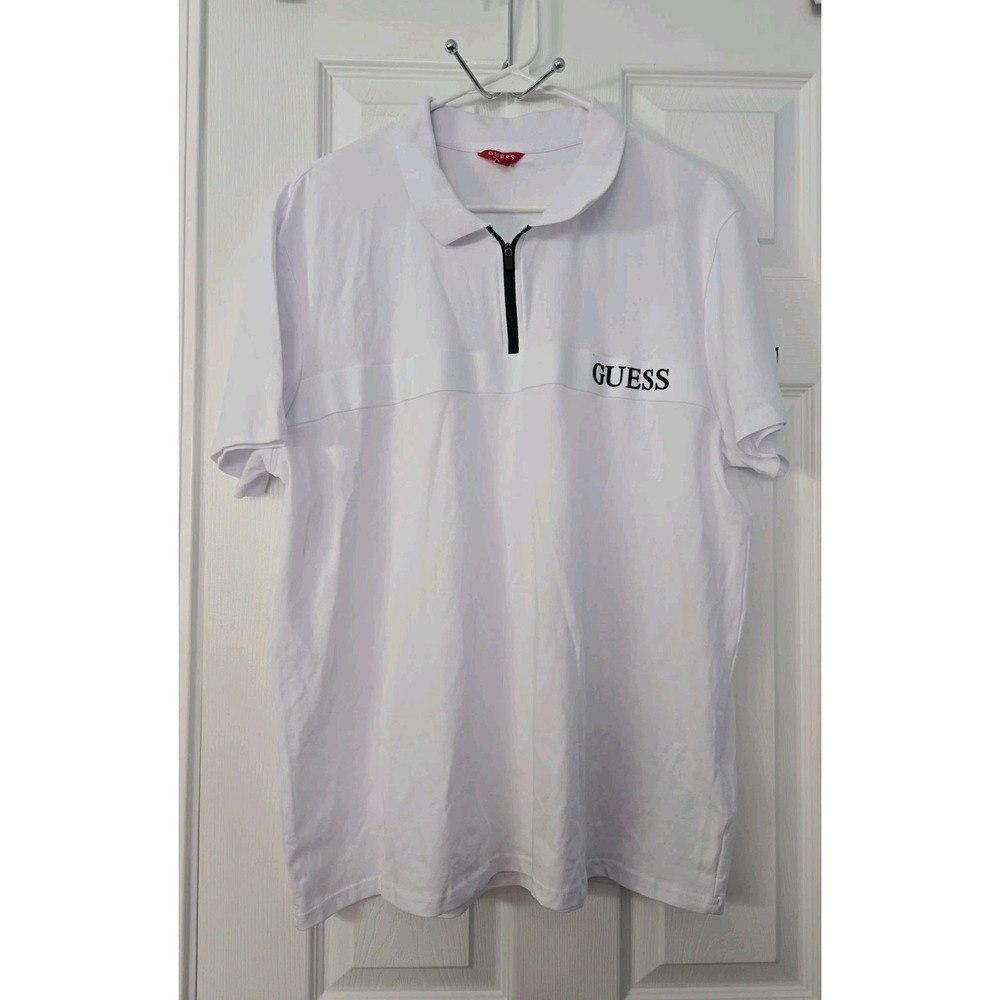 Guess Mens Polo Shirt White Logo Large Cotton Short Sleeve Collar Pullover